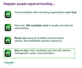 Happier purple squirrel hunting…
Find candidates other recruiting organizations can’t find.
Get a full, 360 candidate view to qualify and start the
conversation.
Reach out using all available communication
vectors, that candidates actually respond to.
Stay on top of the candidates you find with pipeline
management, tasks, and automation.
 