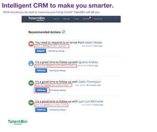 Intelligent CRM to make you smarter.
69
What should you do next to maximize your hiring funnel? TalentBin will tell you.
 