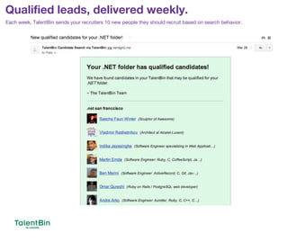 Qualified leads, delivered weekly.
75
Each week, TalentBin sends your recruiters 10 new people they should recruit based on search behavior.
 