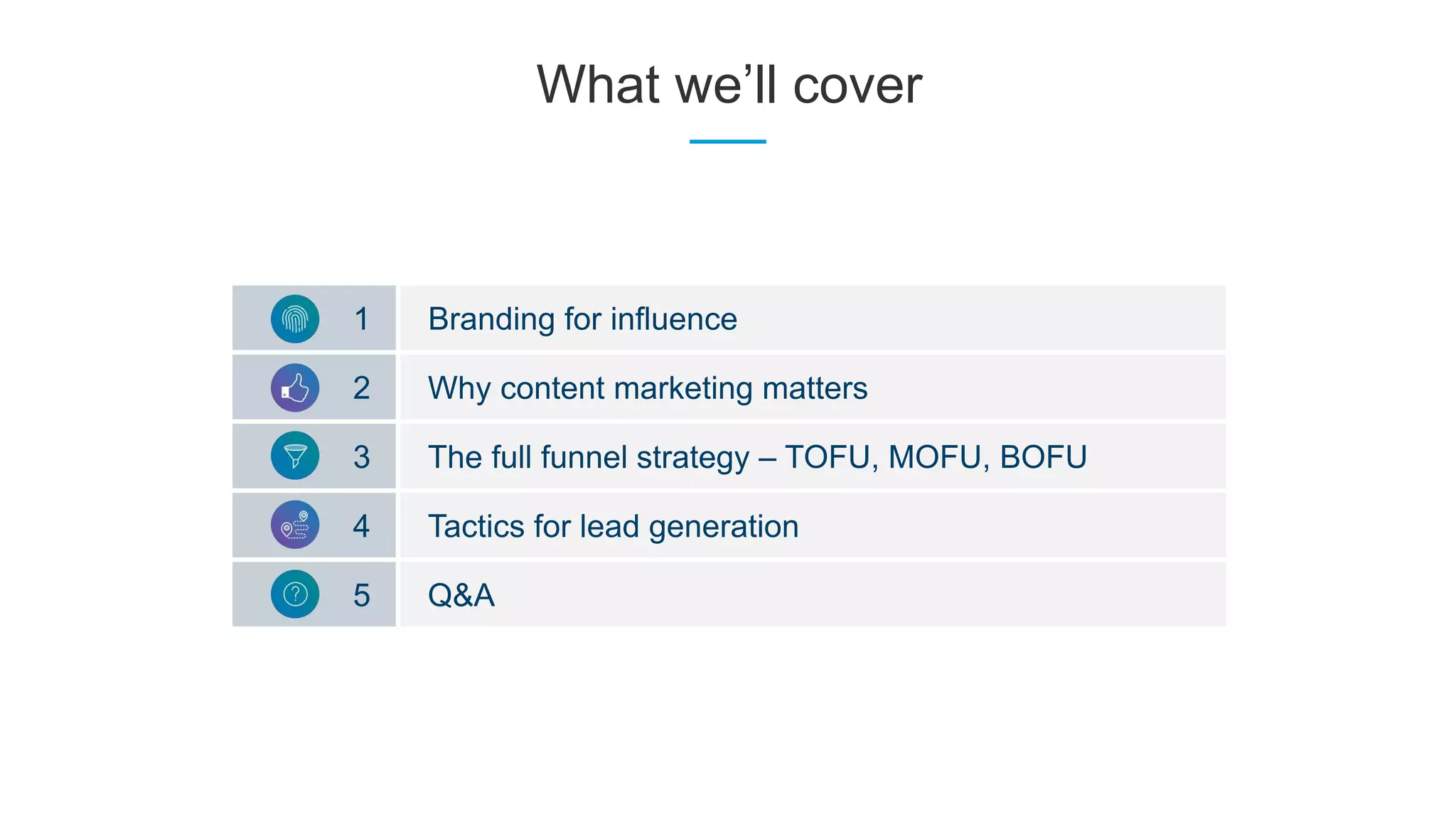 What we’ll cover
1 Branding for influence
2 Why content marketing matters
3 The full funnel strategy – TOFU, MOFU, BOFU
4 Tactics for lead generation
5 Q&A
 