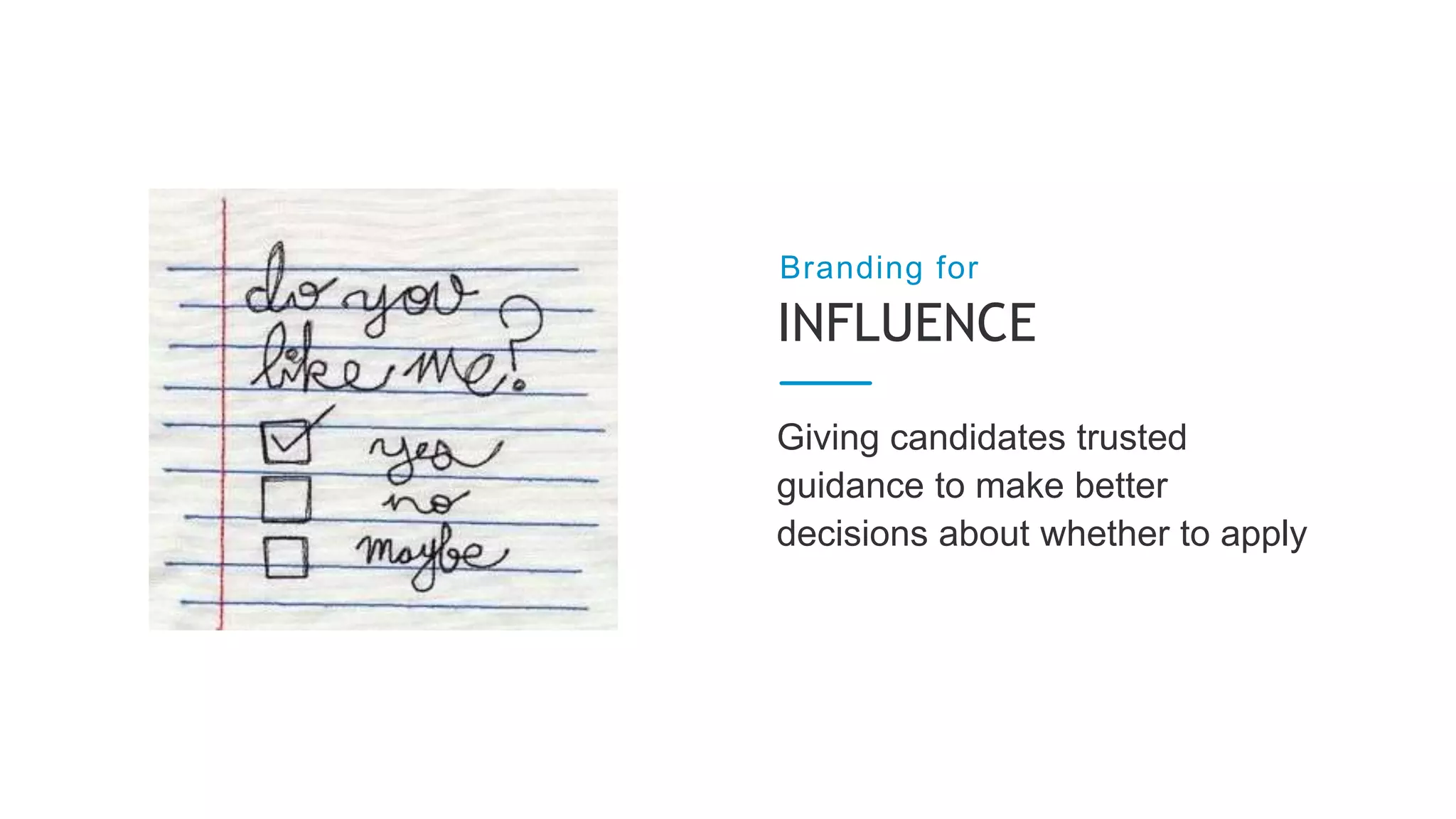 Giving candidates trusted
guidance to make better
decisions about whether to apply
INFLUENCE
Branding for
 