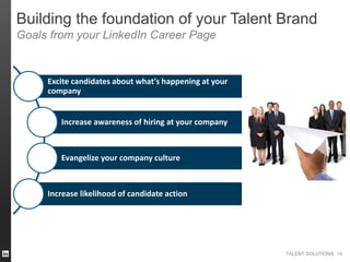 TALENT SOLUTIONS
Building the foundation of your Talent Brand
Goals from your LinkedIn Career Page
Excite candidates about what’s happening at your
company
Increase awareness of hiring at your company
Evangelize your company culture
Increase likelihood of candidate action
19
 