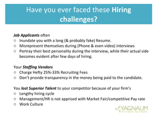 Have you ever faced these Hiring
challenges?
Job Applicants often
o Inundate you with a long (& probably fake) Resume.
o Misrepresent themselves during (Phone & even video) interviews
o Portray their best personality during the interview, while their actual side
becomes evident after few days of hiring.
Your Staffing Vendors
o Charge Hefty 25%-33% Recruiting Fees
o Don’t provide transparency in the money being paid to the candidate.
You lost Superior Talent to your competitor because of your firm’s
o Lengthy hiring cycle
o Management/HR is not apprised with Market Fair/competitive Pay rate
o Work Culture
 