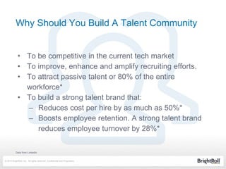 © 2014 BrightRoll, Inc. All rights reserved. Confidential and Proprietary.
Data from LinkedIn
• To be competitive in the current tech market
• To improve, enhance and amplify recruiting efforts.
• To attract passive talent or 80% of the entire
workforce*
• To build a strong talent brand that:
– Reduces cost per hire by as much as 50%*
– Boosts employee retention. A strong talent brand
reduces employee turnover by 28%*
Why Should You Build A Talent Community
 