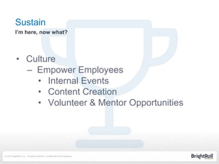 © 2014 BrightRoll, Inc. All rights reserved. Confidential and Proprietary.
• Culture
– Empower Employees
• Internal Events
• Content Creation
• Volunteer & Mentor Opportunities
Sustain
I’m here, now what?
 