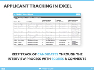 FOLLOW US @RRE 114
APPLICANT TRACKING IN EXCEL
KEEP TRACK OF CANDIDATES THROUGH THE
INTERVIEW PROCESS WITH SCORES & COMMEN...