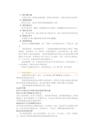 1 了解书籍主题
先看书名页，特别注意副标题。如果有序就看序，或其它相关宗旨说明。
2 了解整体框架
研究目录页，对这本书基本架构做概括性了解。
3 了解关键词目
如书中有索引，翻阅，发现哪条词目很重要，快速翻阅和词目相关几页。
4 了解作者介绍
读一读作者介绍，要么有助于你了解这本书，要么让你看穿作者的宣传伎
5 了解重点章节
开始挑几个跟主题紧密相关的章节快速翻翻。
6 了解逻辑线索
把书打开东翻翻西翻翻，念个一两段，有时连续读几页，不要太多，留意
记。
假如你要读一本有难度的书，一开始就选择精读很可能是个错误。检视
规则是： 请先粗读。头一次面对一本难读懂的书，从头到尾先读一遍，碰到不
地方不要停下来查询或思索。 我们受到的教育往往是先去注意那些我们不懂
遇见生字查字典，本来阅读《莎士比亚》让人愉快，可是一代代学生被要求一
字一个生字查，这种阅读快乐就全被破坏了。
略读像拍照一样，在很短时间内让你对书有全景式认识，所以阅读时一定
中全部精神，否则无法进行检视阅读。
你现在可以确定这本书：是否值得深入一读？属于哪一类可备查？
（三）思维导图法---- - --- - --- - --- - --- - --- - --- - --- - --- - --- - --- - --- - --- - --- -
思维导图法可就不一般了，这可是我们 VP TM Nina 以身做法（……）倾
推荐的实用阅读小技巧。
思维导图要求读者运用图文并重的技巧，把图书中各级主题的关系用相互
属与相关的层级图表现出来，把主题关键词与图像、颜色等建立记忆链接。
具体来说思维导图的制作有以下步骤：
1.阅读书籍
2.在大白纸的正中间画出你的思维导图主题
3.在中心图片周围画出主要分支
比如《如何阅读一本书》中阐述了：如何做分析阅读，如何做检视阅读，如何做
题阅读，那么可能要画三个主要的分支。这么做主要的目标是将书籍中最重视的
分框架清晰的反映在思维导图中。
4.细化每个分支的逻辑性和语言
将书中原话转变成自己理解的话语，尽力简化。同时，将这些句子的逻辑关系理
清，用分支的形式体现出来，这时就有了一个层次、逻辑清楚的思维导图了。
5.优化你的思维导图
用上鲜艳的颜色，画上相应的图片，标上序号，写上箭头……用尽一切图形、
号、色彩语言帮助你用最短的时间联想起最多的信息。
 