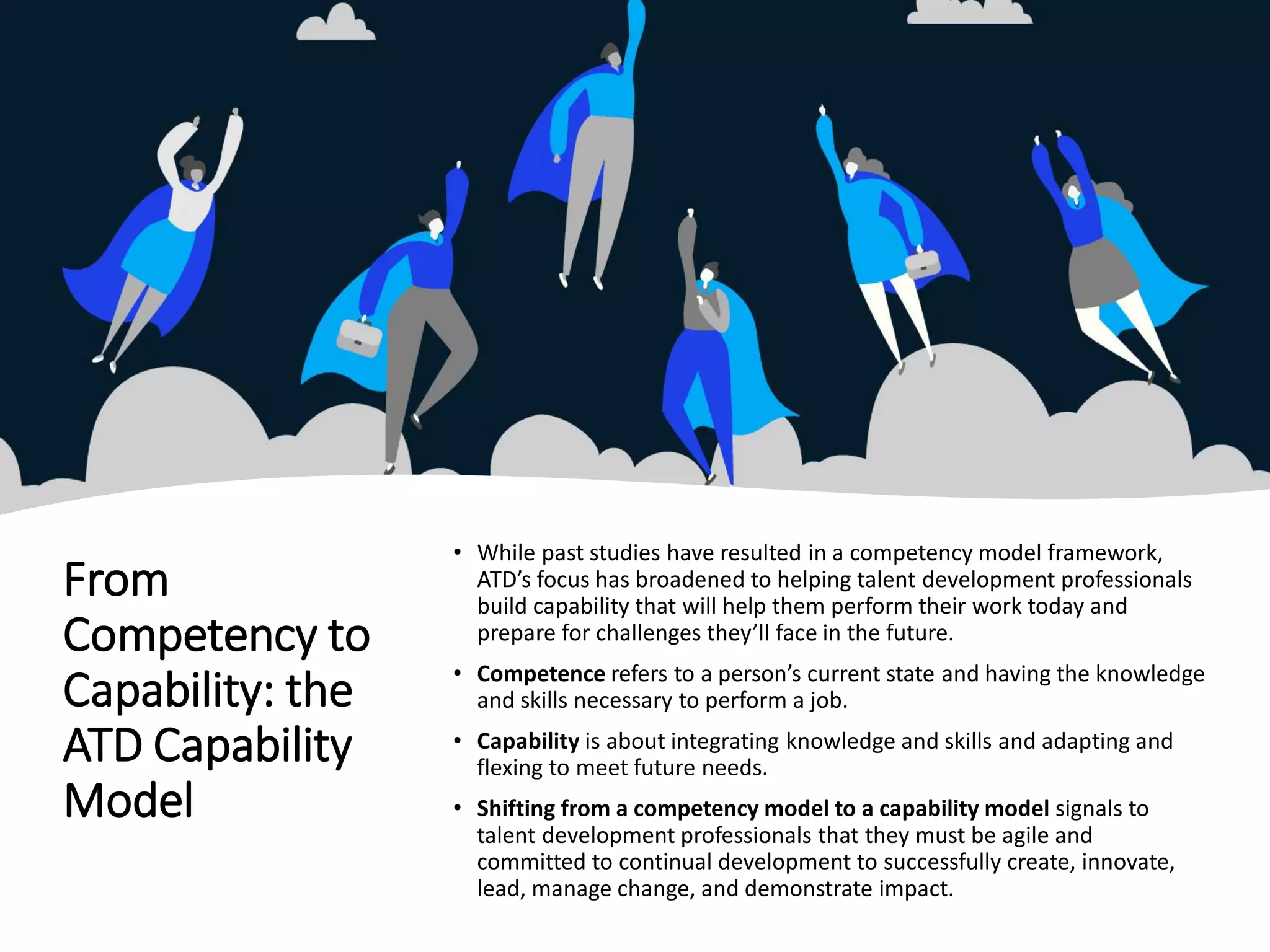 From
Competency to
Capability: the
ATD Capability
Model
• While past studies have resulted in a competency model framework,
ATD’s focus has broadened to helping talent development professionals
build capability that will help them perform their work today and
prepare for challenges they’ll face in the future.
• Competence refers to a person’s current state and having the knowledge
and skills necessary to perform a job.
• Capability is about integrating knowledge and skills and adapting and
flexing to meet future needs.
• Shifting from a competency model to a capability model signals to
talent development professionals that they must be agile and
committed to continual development to successfully create, innovate,
lead, manage change, and demonstrate impact.
 