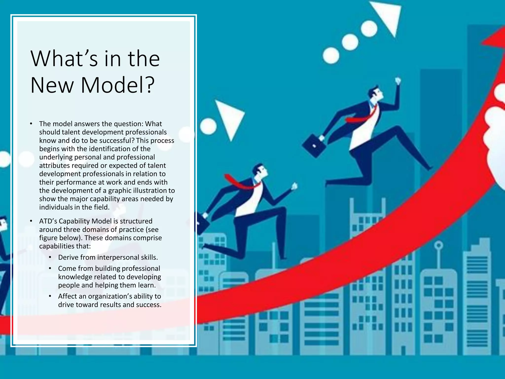 What’s in the
New Model?
• The model answers the question: What
should talent development professionals
know and do to be successful? This process
begins with the identification of the
underlying personal and professional
attributes required or expected of talent
development professionals in relation to
their performance at work and ends with
the development of a graphic illustration to
show the major capability areas needed by
individuals in the field.
• ATD’s Capability Model is structured
around three domains of practice (see
figure below). These domains comprise
capabilities that:
• Derive from interpersonal skills.
• Come from building professional
knowledge related to developing
people and helping them learn.
• Affect an organization’s ability to
drive toward results and success.
 