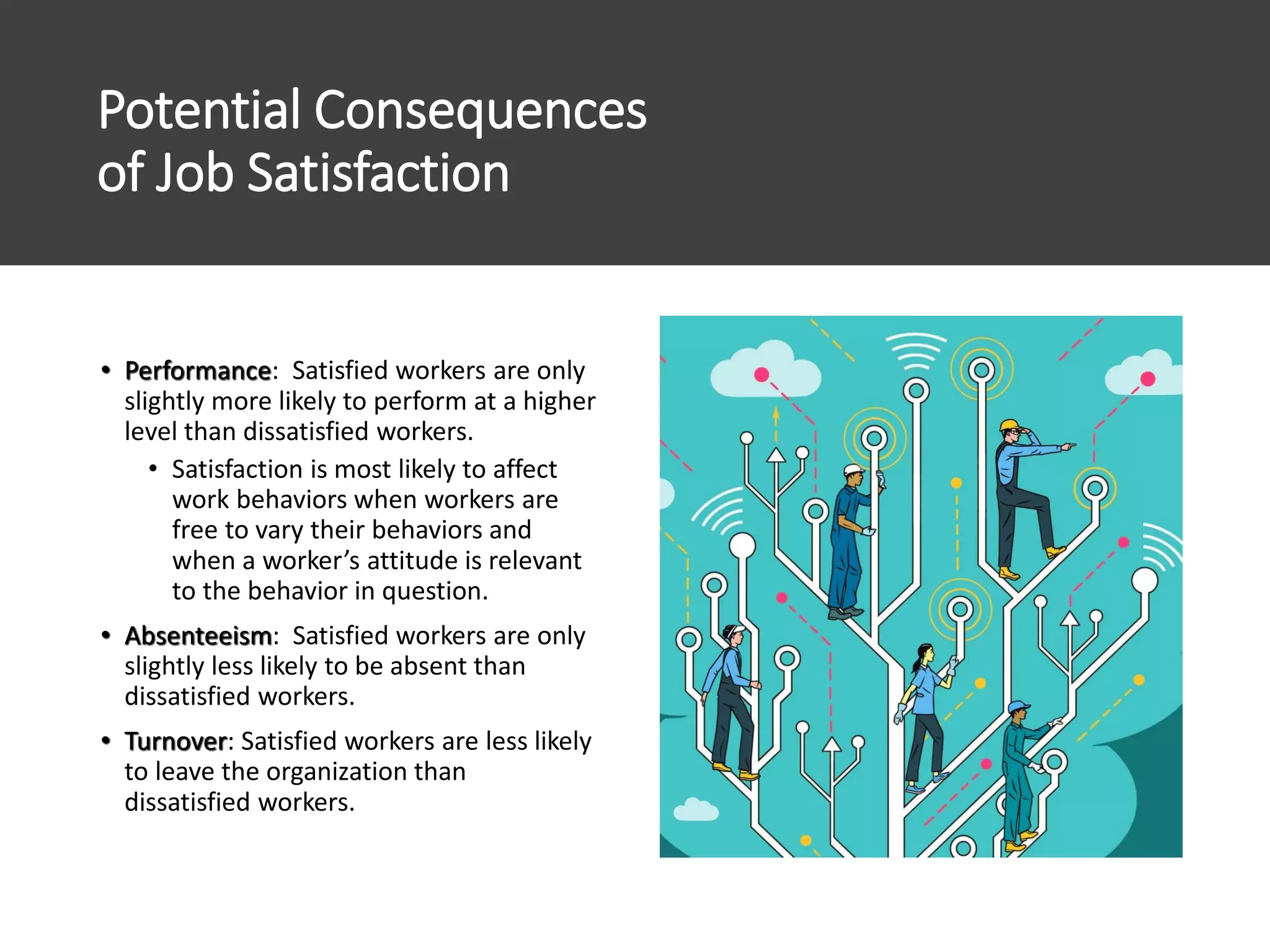 Potential Consequences
of Job Satisfaction
• Performance: Satisfied workers are only
slightly more likely to perform at a higher
level than dissatisfied workers.
• Satisfaction is most likely to affect
work behaviors when workers are
free to vary their behaviors and
when a worker’s attitude is relevant
to the behavior in question.
• Absenteeism: Satisfied workers are only
slightly less likely to be absent than
dissatisfied workers.
• Turnover: Satisfied workers are less likely
to leave the organization than
dissatisfied workers.
 