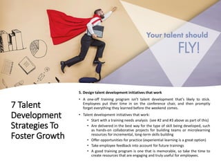7 Talent
Development
Strategies To
Foster Growth
5. Design talent development initiatives that work
• A one-off training program isn’t talent development that’s likely to stick.
Employees put their time in on the conference chair, and then promptly
forget everything they learned before the weekend comes.
• Talent development initiatives that work:
• Start with a training needs analysis (see #2 and #3 above as part of this)
• Are delivered in the best way for the type of skill being developed, such
as hands-on collaborative projects for building teams or microlearning
resources for incremental, long-term skills building
• Offer opportunities for practice (experiential learning is a great option)
• Take employee feedback into account for future trainings
• A good training program is one that is memorable, so take the time to
create resources that are engaging and truly useful for employees.
 