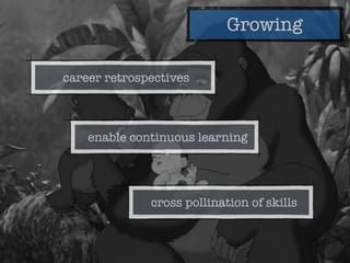 Growing
enable continuous learning
cross pollination of skills
career retrospectives
 