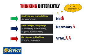 THINKING DIFFERENTLY
Small changes to small things
a waste of time
Is This
Essential?
Small changes to big things
 neces...
