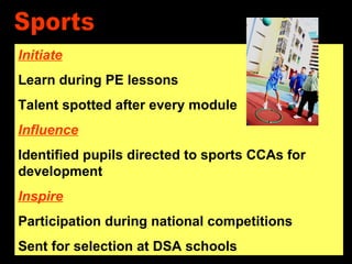 Initiate
Learn during PE lessons
Talent spotted after every module
Influence
Identified pupils directed to sports CCAs for
development
Inspire
Participation during national competitions
Sent for selection at DSA schools
 