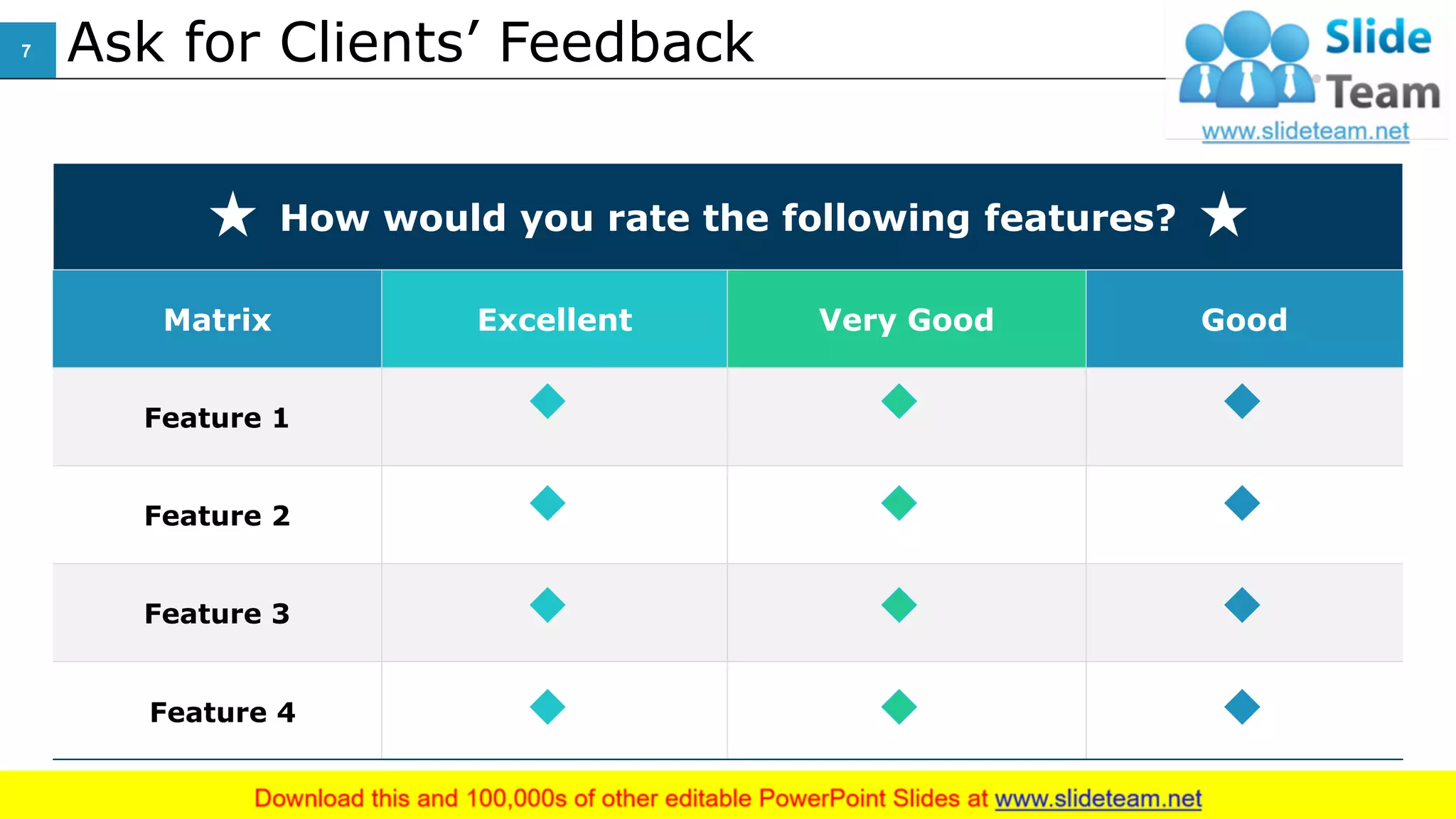 Ask for Clients’ Feedback
How would you rate the following features?
Matrix Excellent Very Good Good
Feature 1
Feature 2
Feature 3
Feature 4
7
This slide is 100% editable. Adapt it to your needs and capture your audience's attention.
 