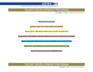 TALENT DEVELOPMENT PROGRAM
                                             “Engage, target, recruit top talents “



                       RECRUIT TOP TALENTS


             EXPAND YOUR TOP TALENT EMPLOYER BRAND


       SAVE COSTS, TIME AND EFFORTS WITH TALENT ACQUISITION


STREGHTEN YOUR BRAND THROUGH ASSOCIATION WITH TALENT DEVELOPMENT


   HAVE CONSTANT PRESENCE IN TALENT NETWORK WITH LITTLE EFFORT


      SHORT AND LONG BENEFITS INVOLVING IN OUR CSR INITIATIVES


              STAY IN TOUCH WITH YOUTH PERSPECTIVES




       TALENT DEVELOPMENT PROGRAM
                                                 “Engage, target, recruit top talents “
 
