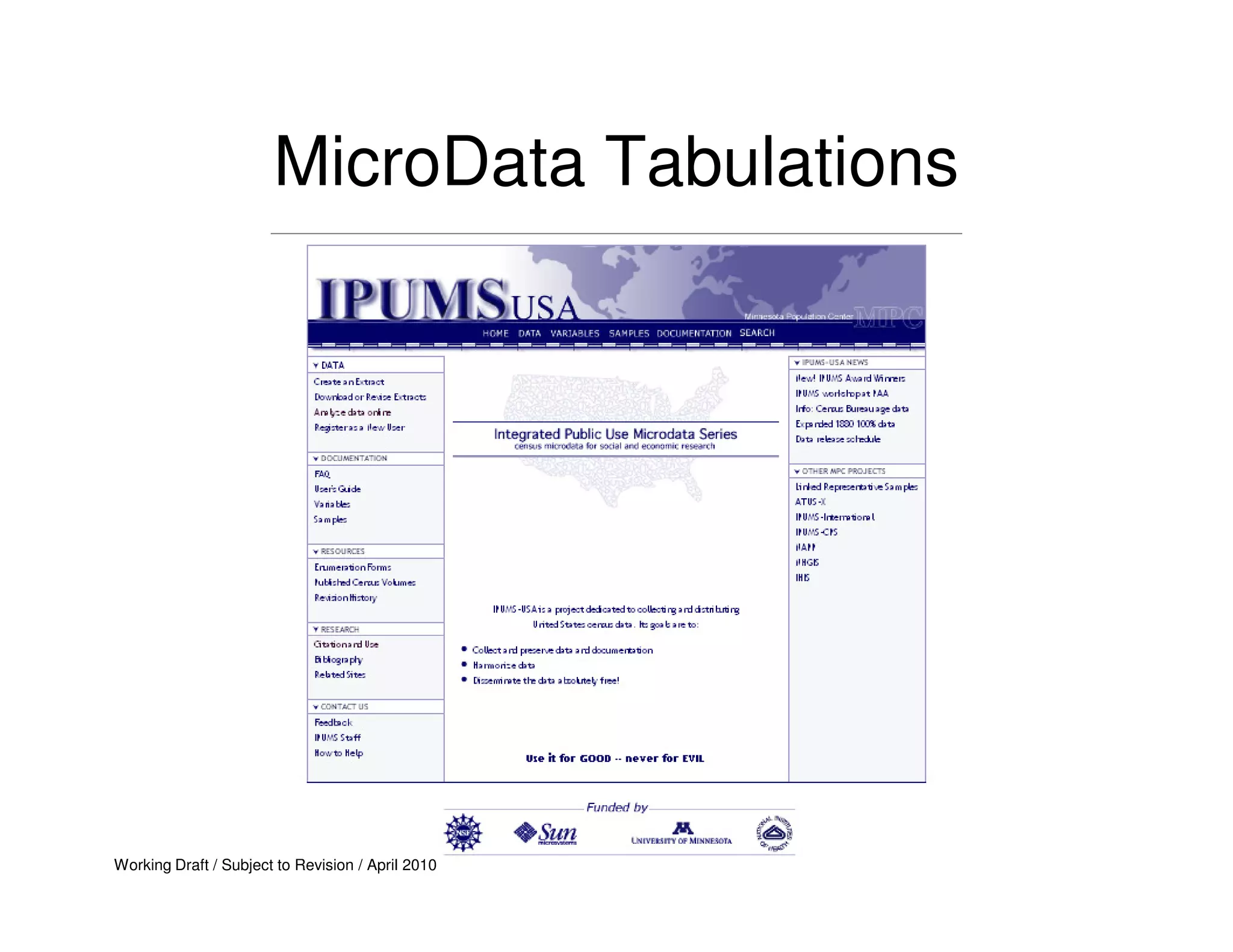 MicroData Tabulations




Working Draft / Subject to Revision / April 2010
 