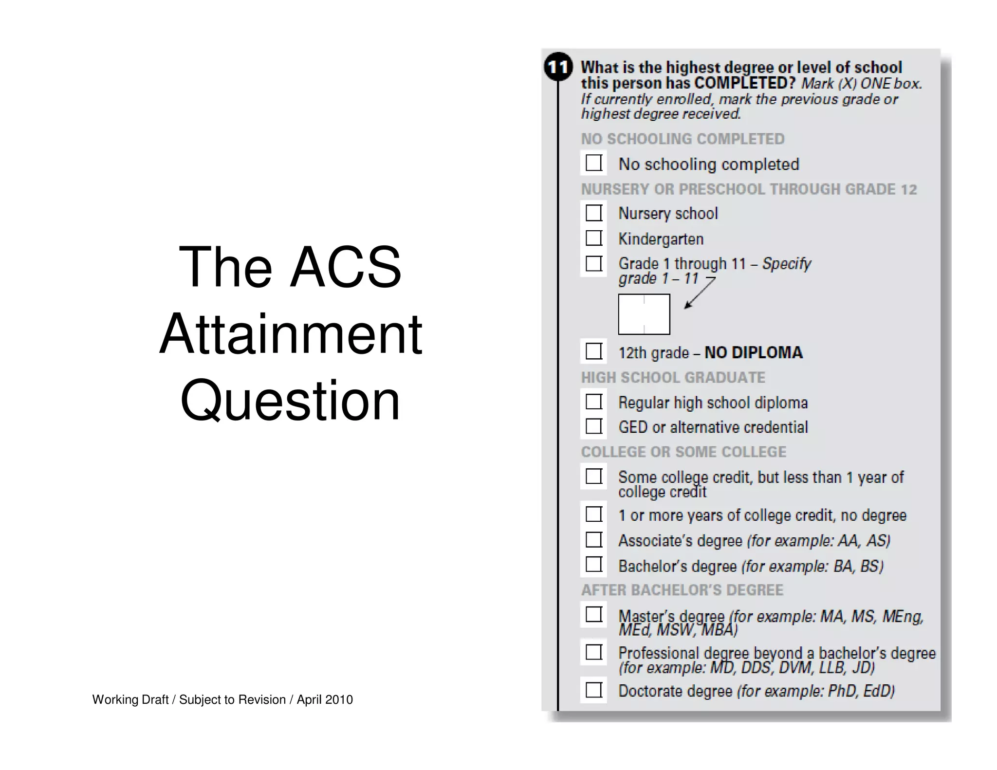 The ACS
            Attainment
             Question




Working Draft / Subject to Revision / April 2010
 