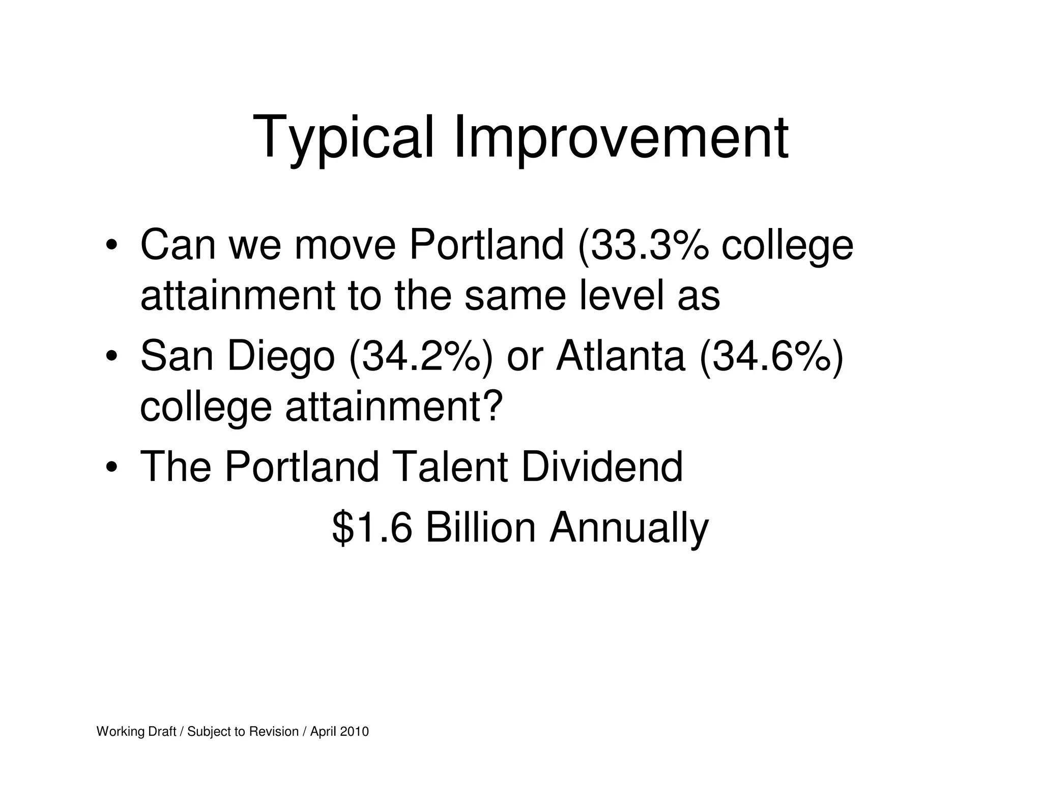 Typical Improvement
 • Can we move Portland (33.3% college
   attainment to the same level as
 • San Diego (34.2%) or Atlanta (34.6%)
   college attainment?
 • The Portland Talent Dividend
              $1.6 Billion Annually



Working Draft / Subject to Revision / April 2010
 