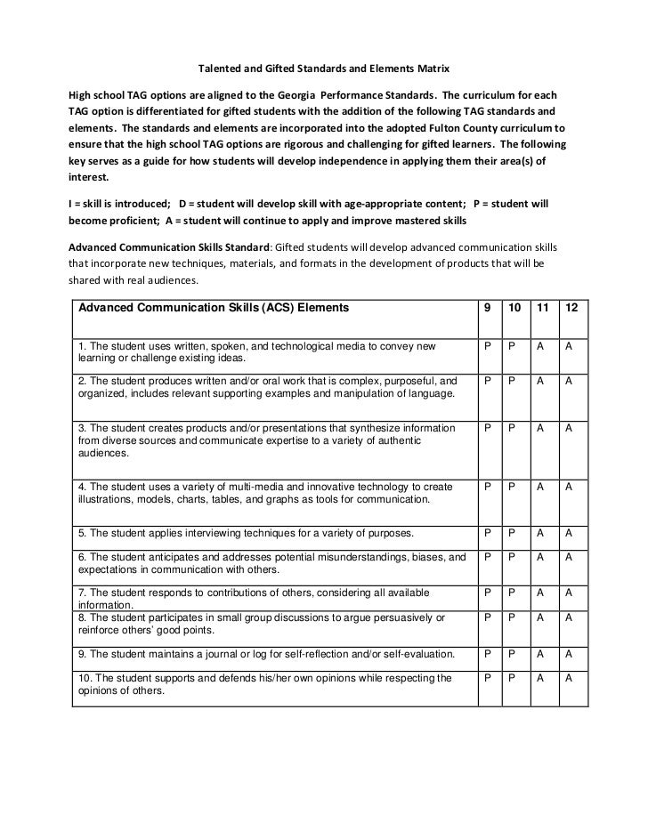 Talented and gifted standards and elements matrix