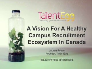 #TEawards
A Vision For A Healthy
Campus Recruitment
Ecosystem In Canada
Lauren Friese
Founder, TalentEgg
@LaurenFriese @TalentEgg
 