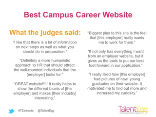 Best Campus Career Website

What the judges said:                         “Biggest plus to this site is the feel
                                               that [this employer] really wants
 “I like that there is a lot of information          me to work for them.”
    on next steps as well as what you
         should do in preparation.”           “It not only has everything I want
                                              from an employer website, but it
     “Definitely a more humanistic            gives us the tools to put our best
  approach to HR that should attract           foot forward in our application.”
 the well-rounded individuals that the
         [employer] looks for.”               “I really liked how [this employer]
                                                  had pictures of new, young
 “GREAT website!!!!! It really helps to          graduates on their website. It
   show the different facets of [this         motivated me to find out more and
 employer] and makes [their industry]               increased my curiosity.”
            interesting.”


    #TEawards    @TalentEgg
 