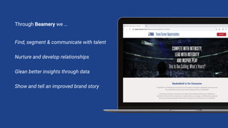 Through Beamery we …
Find, segment & communicate with talent
Nurture and develop relationships
Glean better insights through data
Show and tell an improved brand story
 