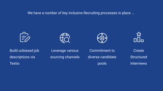 Build unbiased job
descriptions via
Textio
We have a number of key inclusive Recruiting processes in place ...
Create
Structured
Interviews
Leverage various
sourcing channels
Commitment to
diverse candidate
pools
 