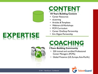 CONTENT
                          10 Years Building Content
                          •   Career Resources
                          •   eLearning
                          •   Articles & Templates
                          •   Webinars & Workshops
                          •   PCM Curriculum
                          •   Career OneStop Partnership

EXPERTISE                 •   Eric Digest Partnership



                        COACHING
                        3 Years Building Community
                         • 350 trained and certified Professional
                            Career Managers (PCMs)
                         • Global Presence (US, Europe, Asia-Pacific)




        © 2011 TalentGuard - Confidential
 