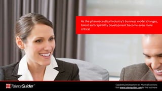 As the pharmaceutical industry’s business model changes,
talent and capability development become even more
critical
Capability Development in Pharma Functions
Visit www.talentguider.com to find out more
 
