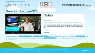 #TalentHacks | 25#TalentHacks | 25
#MitarbeiterKommunikation
http://newsletters.telefonica.com/presidente/i69p0ev7nue1f4ancho4g2?email=true&lang=es&i=2&a=5&p=4614809&t=2268417
Telefónica: Video vom CEO
Inhalt des Videos: der Stand der Erkrankungen , die Besonderheit der Situation, wie gut die Organisation in dieser schwierigen Zeit zusammenarbeitet. Die
persönliche Botschaft endet mit einem Überblick, wie sich Telefónica als sozial verantwortliches Unternehmen engagiert. Sehr emotional mit vielen Bildern
aus der Organisation.
 