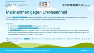 #TalentHacks | 27#TalentHacks | 27
Problem: Unklarheit/ Ungewissheit zu vielen verschiedenen Themen im Unternehmen wie Home Office Regelungen und Kurzarbeit mit
99% der Belegschaft im Home Office. Ziel: Transparente und empathische Informationsweitergabe.
Maßnahmen:
• 1. regelmäßige "Virtual Company Meets" als Infoplattform für alle,
• 2. Wöchentliche Videobotschaften vom Vorstand als "Let´s stay connected" Botschaft,
• 3. "Ask me Anything" Meetings/ Infosession von HR zu Themen wie: administrative Herausforderungen Kurzarbeit (z.B. Zeiterfassung),
Herausforderungen allgemein im Home Office (psychologisch, technisch, kollaborativ etc.), während der Kurzarbeit oder in Bezug auf
die Vereinbarkeit von Beruf und Familie in Corona Zeiten.
Erfolg bei allen Maßnahmen: MEGA!! Das "Mensch sein" wird deutlich, aber auch Schwächen eines Systems in der Krise!!! ...Chancen, die
HR begleiten muss!
Simone Henderson, Team Lead People & Culture, e-Spirit AG
Maßnahmen gegen Unwissenheit
#MitarbeiterKommunikation
 