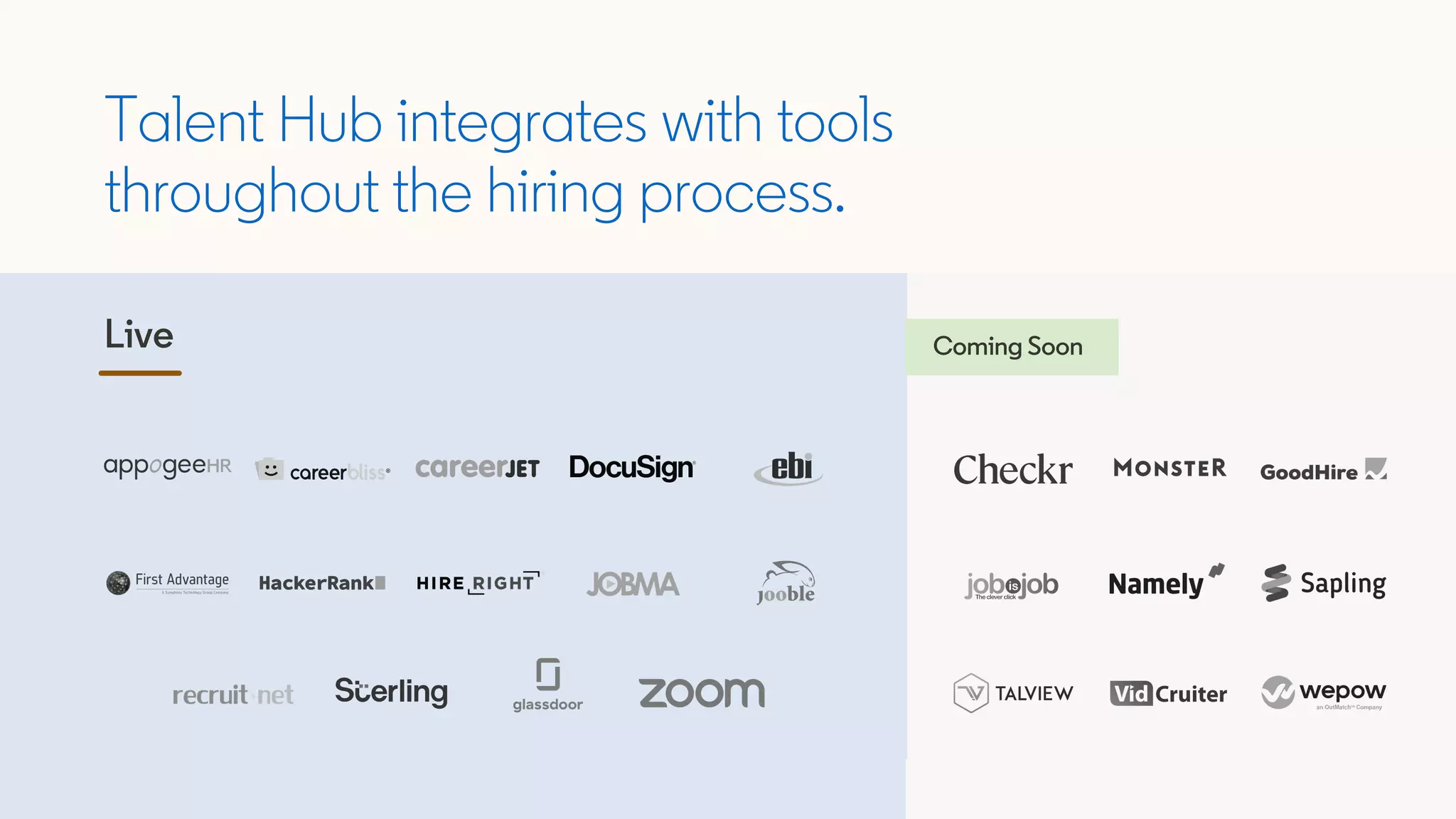 Talent Hub integrates with tools
throughout the hiring process.
Coming SoonLive
 
