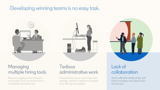 Developing winning teams is no easy task.
Tedious
administrative work
Lack of
collaboration
Managing
multiple hiring tools
Prevents focusing on more important
strategic decision-making and quality
time with top candidates.
Strains effective relationships with
hiring managers and slows down
the process.
Requires toggling, which impacts
productivity and can lead to loss of
candidates along the way.
 