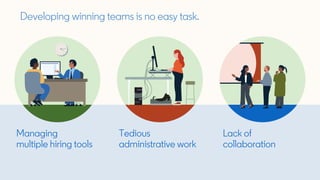 Developing winning teams is no easy task.
Tedious
administrative work
Lack of
collaboration
Managing
multiple hiring tools
 