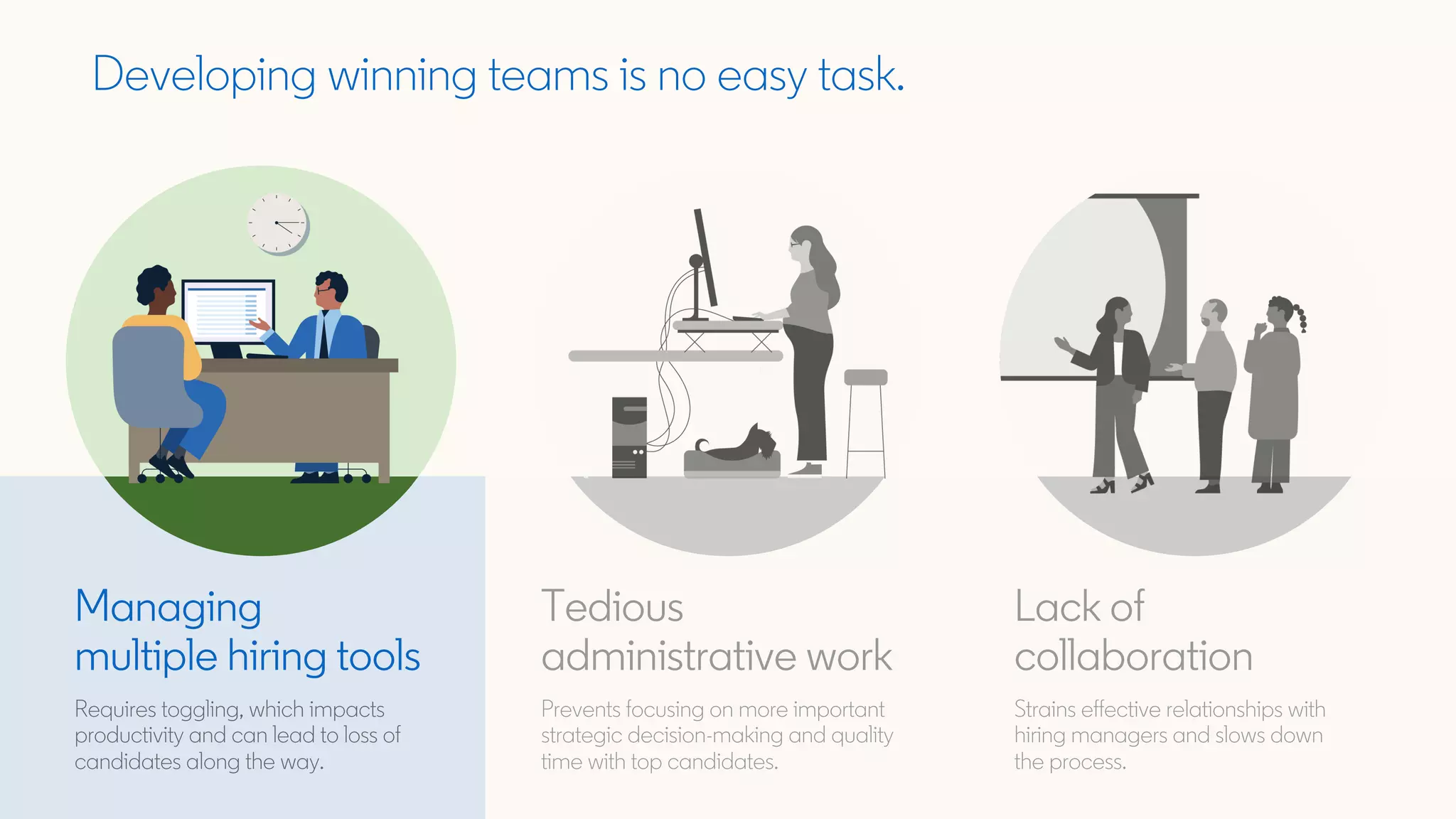 Developing winning teams is no easy task.
Tedious
administrative work
Prevents focusing on more important
strategic decision-making and quality
time with top candidates.
Lack of
collaboration
Strains effective relationships with
hiring managers and slows down
the process.
Managing
multiple hiring tools
Requires toggling, which impacts
productivity and can lead to loss of
candidates along the way.
 