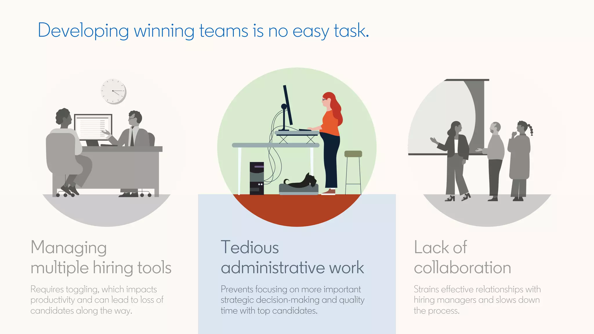 Developing winning teams is no easy task.
Tedious
administrative work
Prevents focusing on more important
strategic decision-making and quality
time with top candidates.
Lack of
collaboration
Strains effective relationships with
hiring managers and slows down
the process.
Managing
multiple hiring tools
Requires toggling, which impacts
productivity and can lead to loss of
candidates along the way.
 