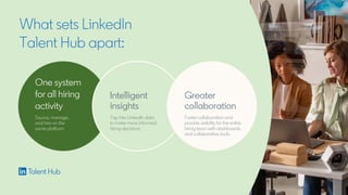 What sets LinkedIn
Talent Hub apart:
One system
for all hiring
activity
Source, manage,
and hire on the
same platform.
Intelligent
insights
Tap into LinkedIn data
to make more informed
hiring decisions.
Greater
collaboration
Foster collaboration and
provide visibility for the entire
hiring team with dashboards
and collaborative tools.
 