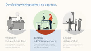 Developing winning teams is no easy task.
Tedious
administrative work
Prevents focusing on more important
strategic decision-making and quality
time with top candidates.
Lack of
collaboration
Strains effective relationships with
hiring managers and slows down
the process.
Managing
multiple hiring tools
Requires toggling, which impacts
productivity and can lead to loss of
candidates along the way.
 