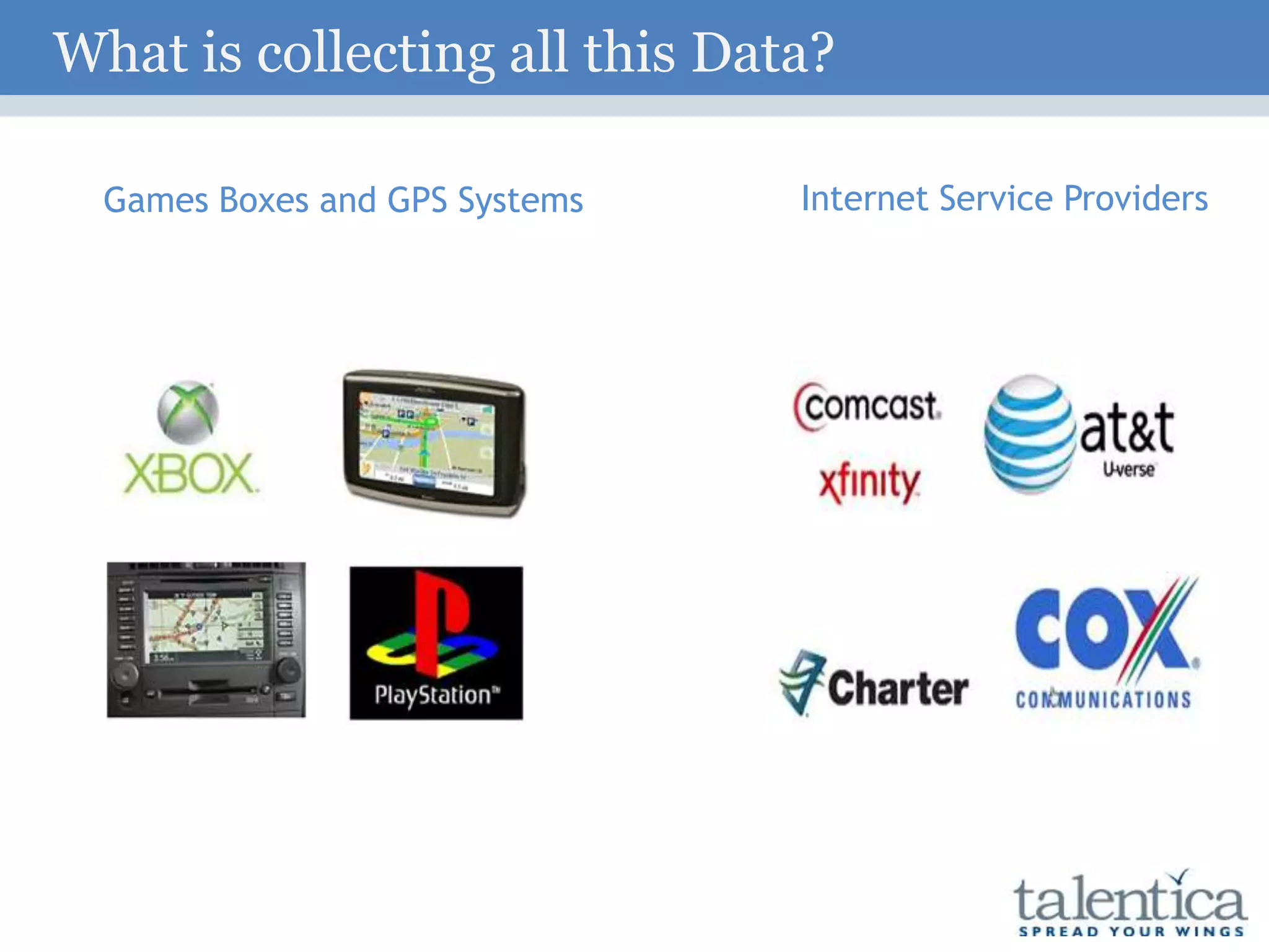 Games Boxes and GPS Systems Internet Service Providers
What is collecting all this Data?
 
