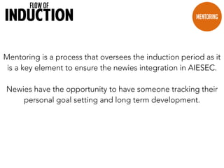 FLOW OF 
INDUCTION MENTORING 
Before you start mentoring: 
• allocation of new recruits as mentees to a MB member 
• Prepare MB for the 4 week model 
• Make sure new recruits are allocated to Mentors from 
departments other than theirs 
• Hold a meeting with MB discussing the role of a mentor 
and training them to skills needed to be a mentor 
 