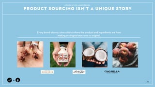 PRODUCT SOURCING ISNT A UNIQUE STORY
+
Every brand shares a story about where the product and ingredients are from ?
making an original story not so original.
25
LOOKING AT LIKE-MINDED BRANDS
 