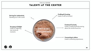 TALENTI AT THE CENTER
30
+
TYING IT ALL TOGETHER
PINT-SIZED ?
DISCOVERIES
Escaping in Delight
Leads to collecting ?
new stories & ?
moments
Striving for Authenticity
Standing out in the crowd
Crafting & Curating
Leads to self enrichment
Continual Curiosity
Leads to exploring & discovering ?
about the world around me
Connecting to others
Leads to elevating experiences
PINT-SIZED ?
DISCOVERIES
 