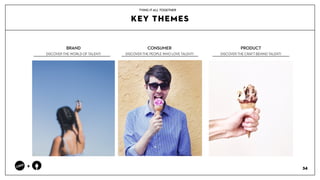 34
+
KEY THEMES
BRAND?
DISCOVER THE WORLD OF TALENTI
CONSUMER
DISCOVER THE PEOPLE WHO LOVE TALENTI
PRODUCT
DISCOVER THE CRAFT BEHIND TALENTI
TYING IT ALL TOGETHER
 