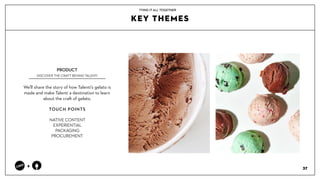 Well share the story of how Talentis gelato is
made and make Talenti a destination to learn
about the craft of gelato.
?
TOUCH POINTS?
?
NATIVE CONTENT?
EXPERIENTIAL?
PACKAGING
PROCUREMENT
PRODUCT?
DISCOVER THE CRAFT BEHIND TALENTI
37
+
KEY THEMES
TYING IT ALL TOGETHER
 