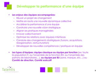 Développer la performance d’une équipe Les enjeux des équipes accompagnées: Réussir un projet de changement Mettre en route une nouvelle dynamique collective Accélérer la performance d’une équipe Construire une nouvelle vision stratégique Aligner ses pratiques managériales Innover collectivement  Optimiser les relations avec équipes interfaces  Conduire des changements stratégiques (fusions, acquisitions, réorganisation, restructuration) Développer de nouvelles compétences / pratiques en équipe Les types d’équipes: équipe classique au équipe par fonction  (ex: toute la population IT, ou l’ensemble de la fonction RH, ou l’ensemble des patrons de laboratoires…),  ou équipe par BU  (zone, marque, etc…) ou  Comité de direction, Comité exécutif 6 