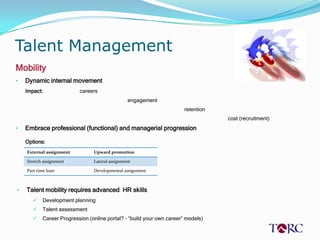 Talent Management
Mobility
•   Dynamic internal movement
    Impact:               careers
                                                engagement
                                                                       retention
                                                                                   cost (recruitment)
•   Embrace professional (functional) and managerial progression

    Options:
    External assignment         Upward promotion

    Stretch assignment          Lateral assignment

    Part time loan              Developmental assignment



•   Talent mobility requires advanced HR skills
          Development planning
          Talent assessment
          Career Progression (online portal? – “build your own career” models)
 
