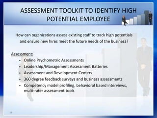 34
ASSESSMENT TOOLKIT TO IDENTIFY HIGH
POTENTIAL EMPLOYEE
How can organizations assess existing staff to track high potentials
and ensure new hires meet the future needs of the business?
Assessment:
• Online Psychometric Assessments
• Leadership/Management Assessment Batteries
• Assessment and Development Centers
• 360 degree feedback surveys and business assessments
• Competency model profiling, behavioral based interviews,
multi-rater assessment tools
 