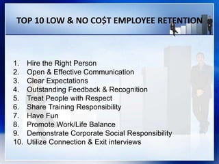 TOP 10 LOW & NO CO$T EMPLOYEE RETENTION
1. Hire the Right Person
2. Open & Effective Communication
3. Clear Expectations
4. Outstanding Feedback & Recognition
5. Treat People with Respect
6. Share Training Responsibility
7. Have Fun
8. Promote Work/Life Balance
9. Demonstrate Corporate Social Responsibility
10. Utilize Connection & Exit interviews
 