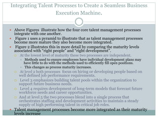 Integrating Talent Processes to Create a Seamless Business
Execution Machine.
 Above Figures illustrate how the four core talent management processes
integrate with one another.
 Figure 1 uses a pyramid to illustrate that as talent management processes
become more mature they also become more integrated.
 Figure 2 illustrates this in more detail by comparing the maturity levels
associated with “right people” and “right development”.
 At the lowest level of maturity these two processes are independent.
 Methods used to ensure employees have individual development plans may
have little to do with the methods used to efficiently fill open positions.
 This changes as process maturity increases.
 At level 2 both processes focus on hiring or developing people based on
well defined job performance requirements.
 Level 3 emphasizes building talent pools within the organization to
support future business needs.
 Level 4 requires development of long-term models that forecast future
workforce needs and career opportunities.
 And at level 5 the two processes blend into a single process that
orchestrates staffing and development activities to maintain a steady
supply of high performing talent in critical job roles.
 Talent management processes become more integrated as their maturity
levels increase
 